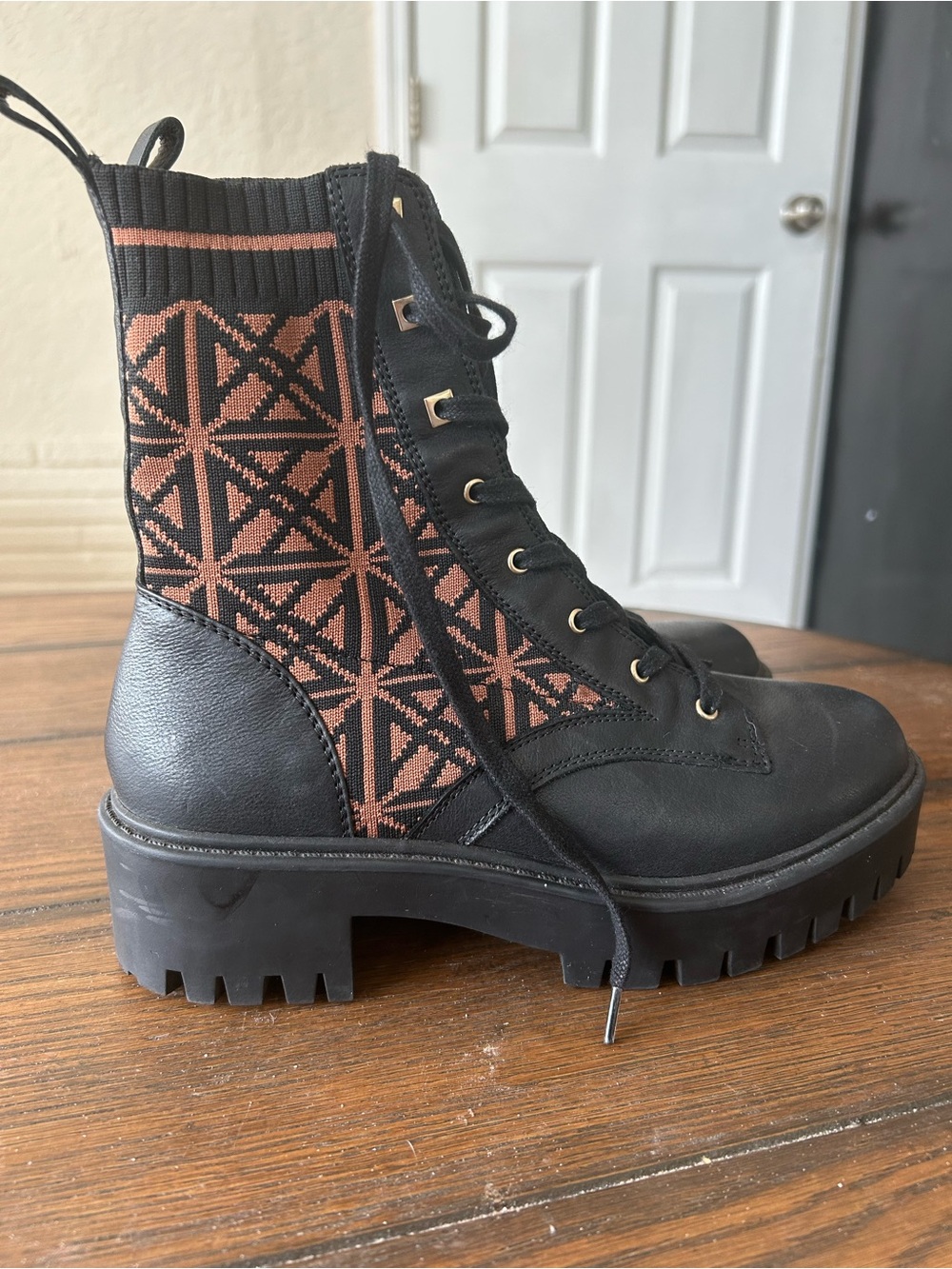 Antonio Melani Dempsayy Knit Sock Combat Boots Black Brown Size 8.5 M
